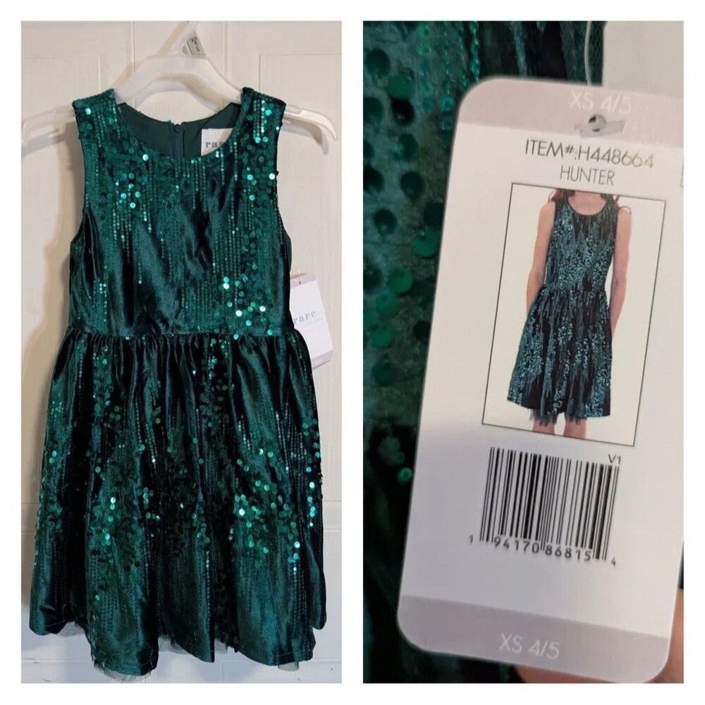 NWT Gorgeous Rare Editions Fit & Flare Sequin Girls Dress Hunter XS 4/5